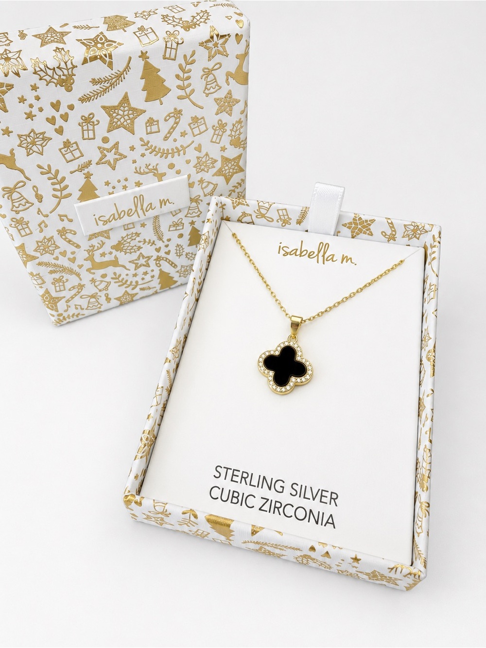 Isabella M Gold Plated Sterling Silver Necklacewith Black Clover Pendant and CZ
